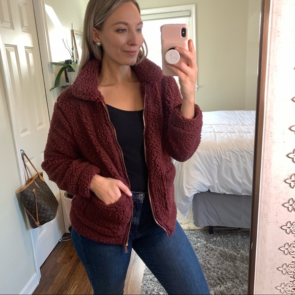 Ashley Teddy Bear Fur Bomber Jacket in Burgundy - Picture 5 of 12